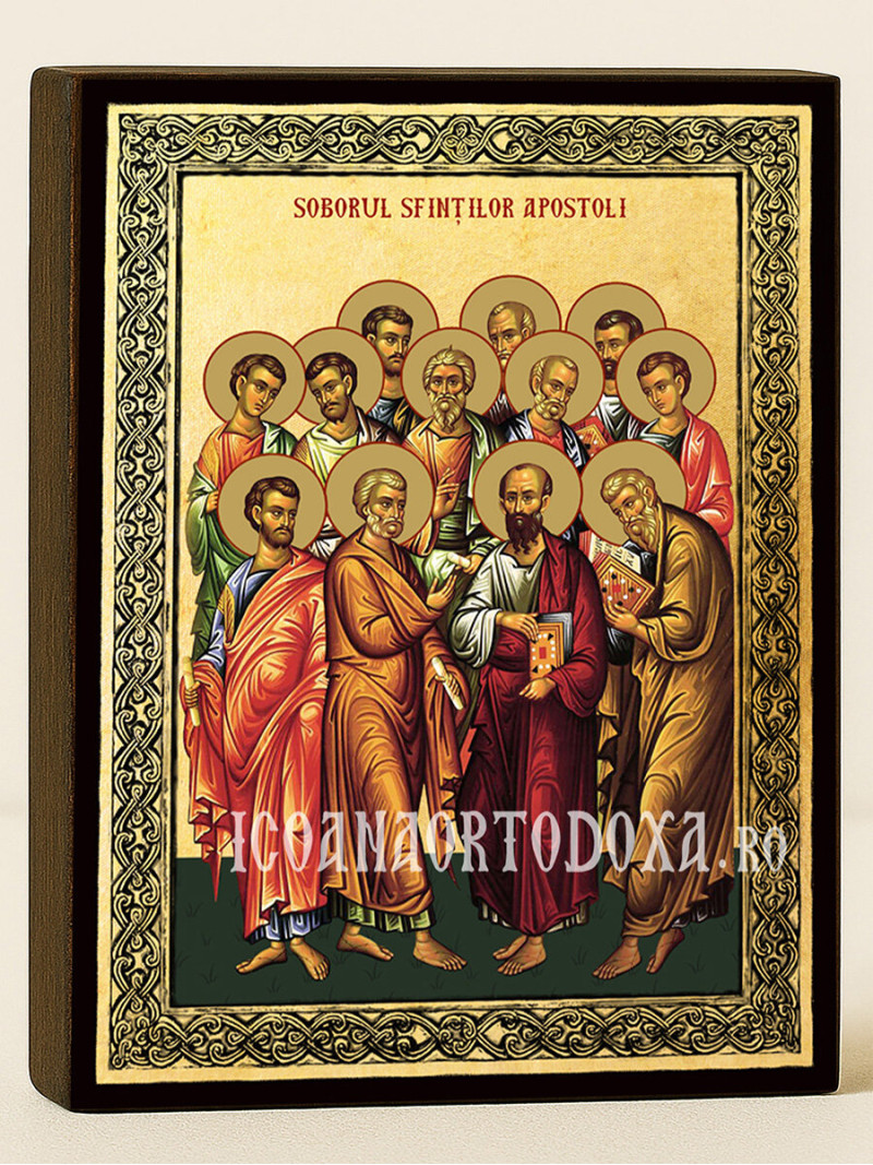 Icoană aurită cu Soborul Sfinților Apostoli cu fundal și ramă aurie