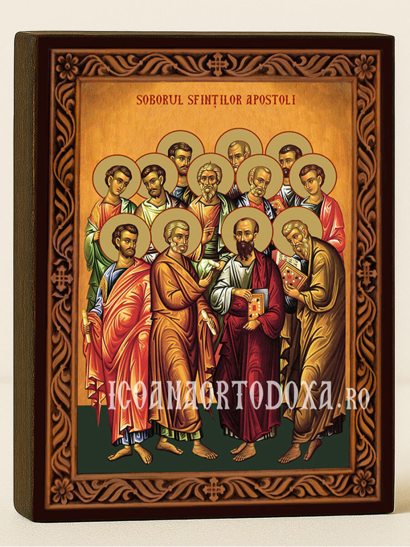 Icoană ortodoxă cu Soborul Sfinților Apostoli cu ramă decorativă stil sculptat