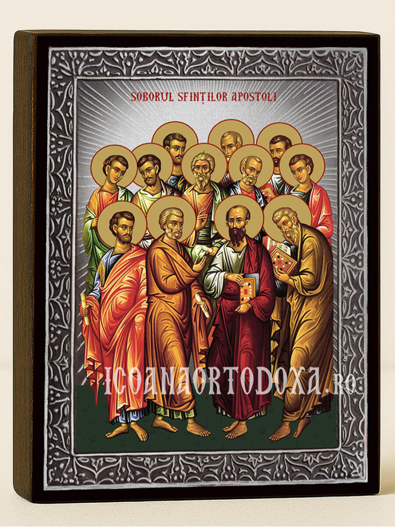 Icoană din argint cu Soborul Sfinților Apostoli cu raze argintii