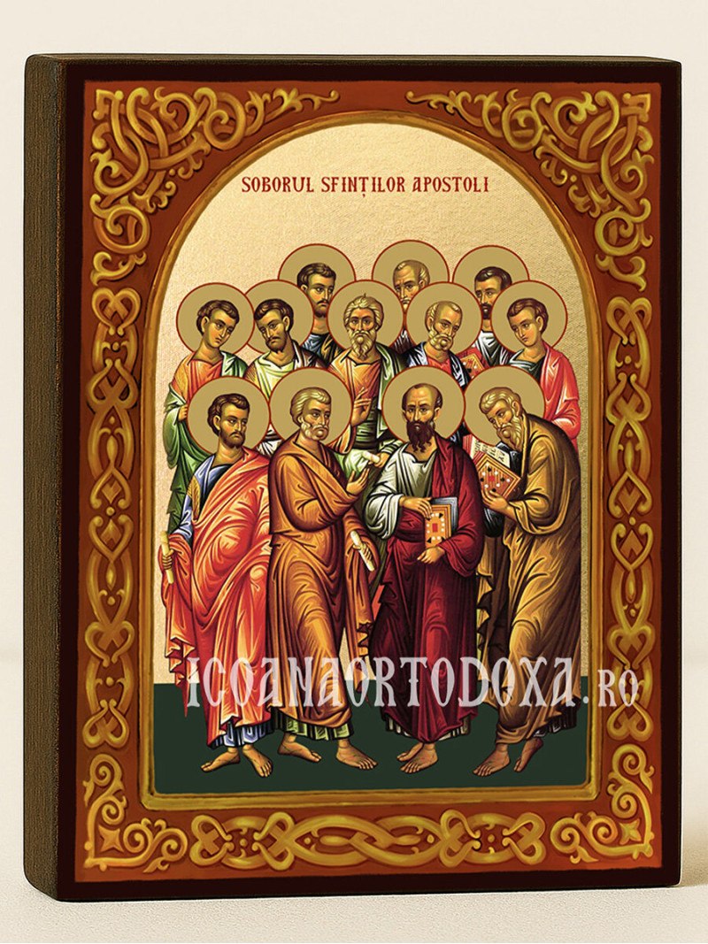 Icoană cu Soborul Sfinților Apostoli cu arcadă florală și fundal auriu