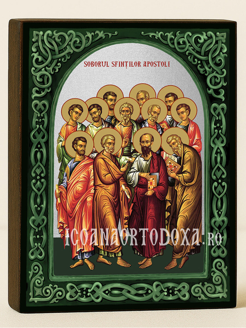 Icoană cu Soborul Sfinților Apostoli cu arcadă florală verde și fundal argintiu