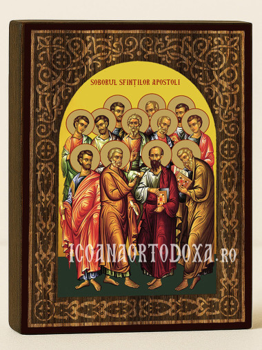 Icoană cu Soborul Sfinților Apostoli cu arcadă florală cu textură de lemn